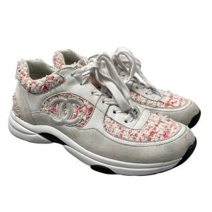 Chanel Tweed Leather Suede Sneakers Womens 39 White Pink G38299 Low Top CC Logo